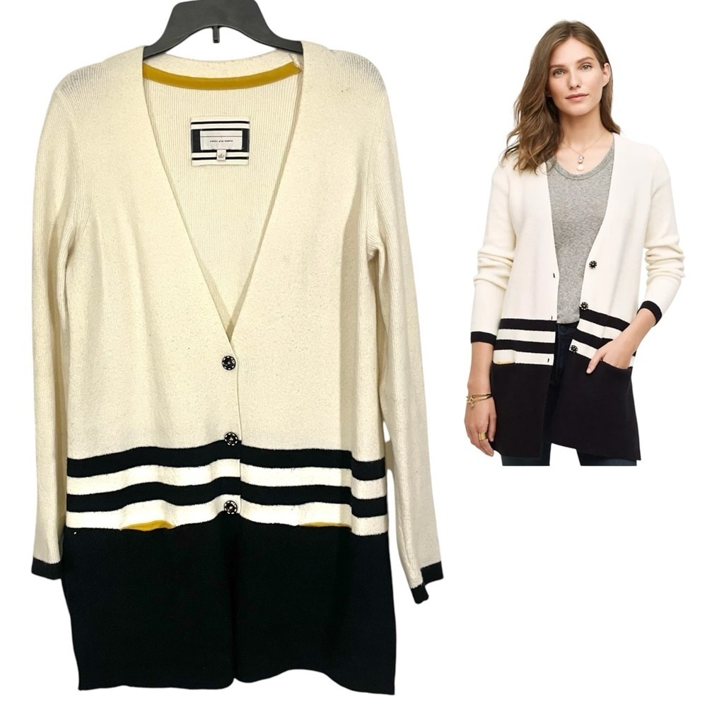 Anthropologie Angel of North Cream Black Varsity Striped Tunic Cardigan Sz M